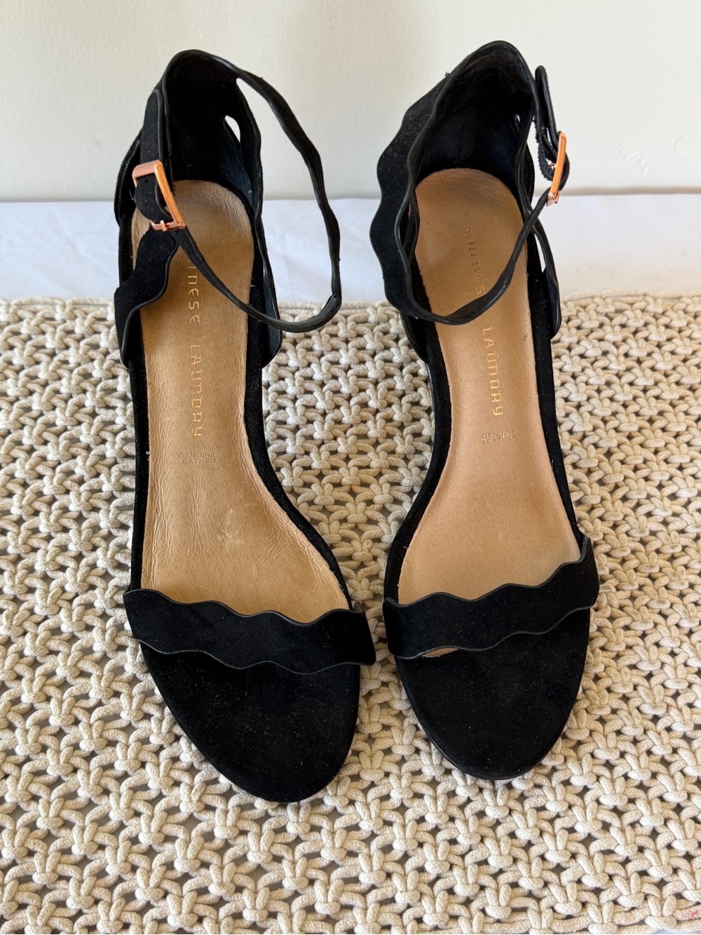 Chinese Laundry Black Scalloped Ankle-Strap Heels with Rose Gold Buckles
